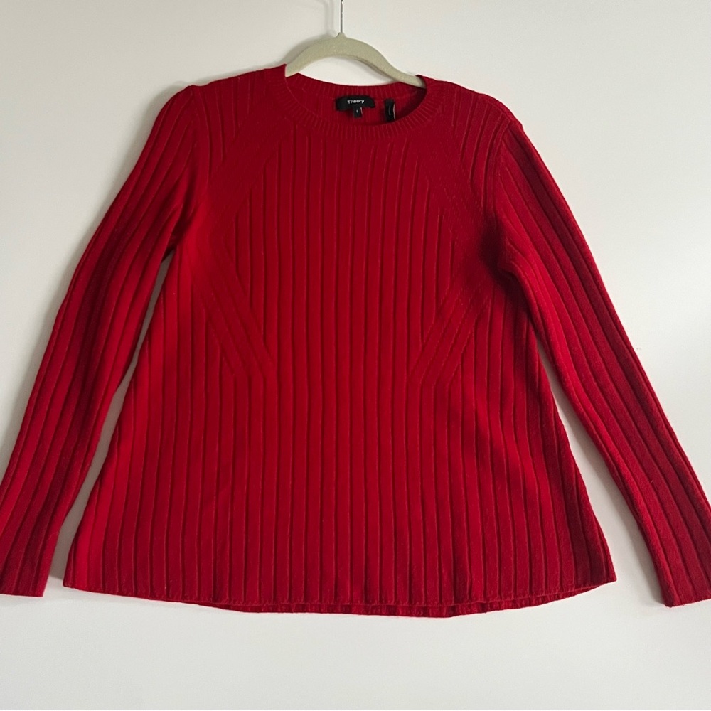 THEORY Sweater Womens S Red Wool Cashmere Ribbed Crewneck Swing Badina Charmant